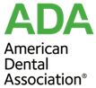 Alt text  The image is a logo for the American Dental Association, featuring a stylized  ADA  acronym in green and white with a horizontal line beneath it, set against a white background.
