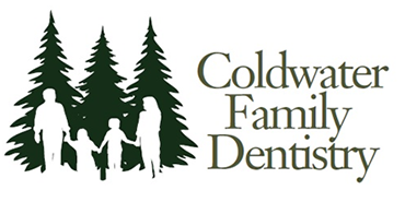 The image displays a logo with the text  COLDWATTER FAMILY DENTISTRY  and below it, the words  Coldwater Family Dentistry.  The logo features a stylized tree on the left side and silhouettes of people walking on a path.