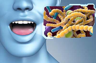 The image is a digital composite featuring a person s face with an open mouth, superimposed on which is a microscopic view of bacteria and viruses.