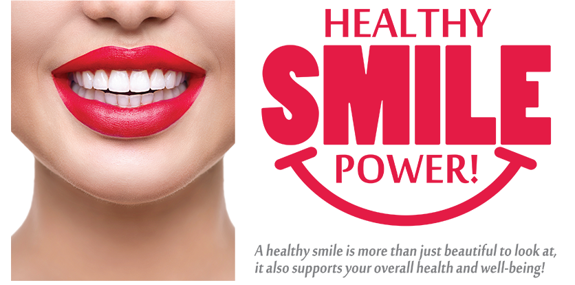 The image features a close-up of a person s face with red lipstick, and there is text overlaying the image that reads  HEALTHY SMILE POWER.